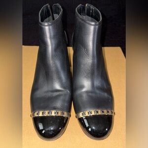 Salvatore Ferragamo Black Leather Ankle Boots with Gold Chain Toe Trim Size 7C